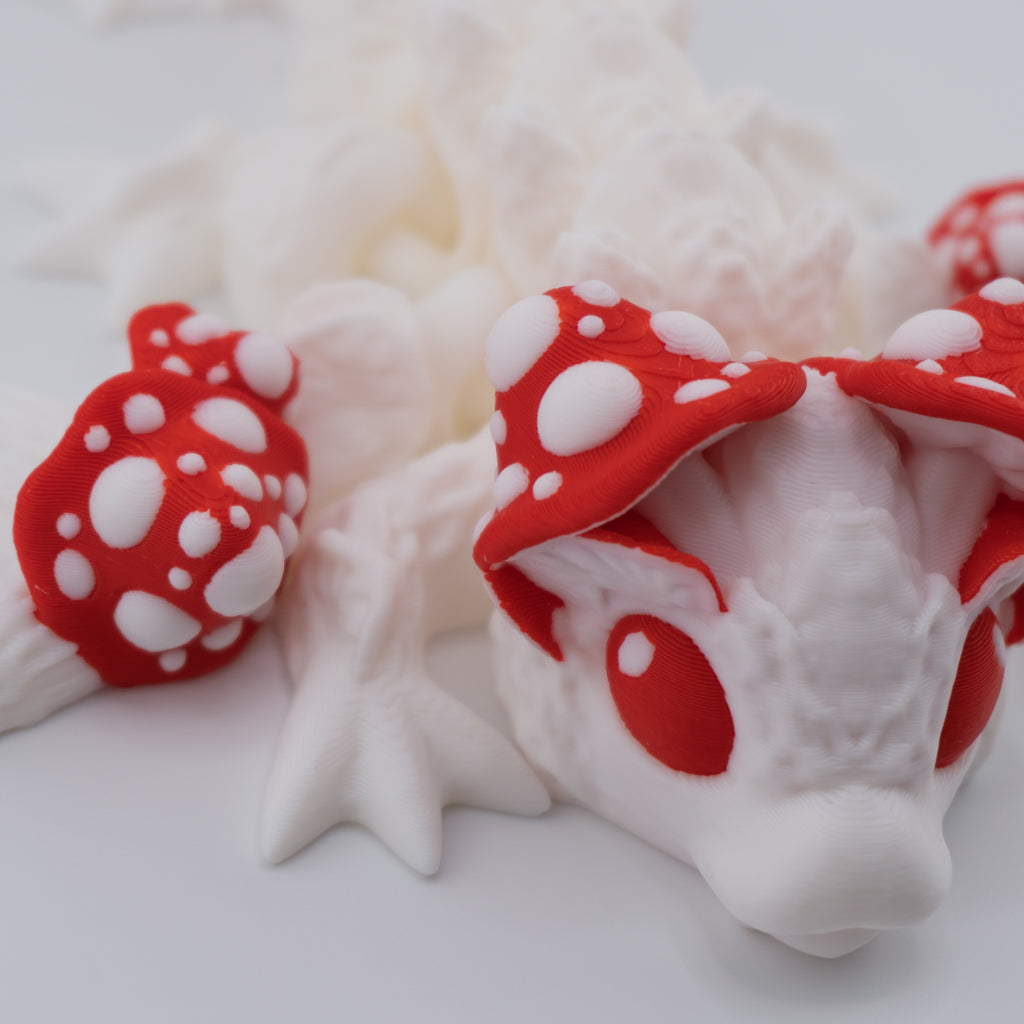 Mushroom Dragon – Articulated Fantasy Figure & Optional Mushroom Shelf Display | About 7.5" Long